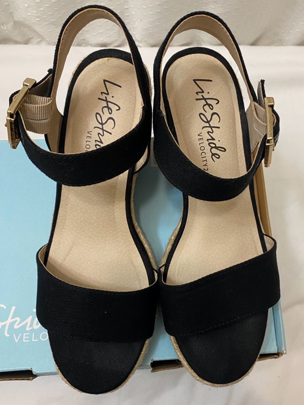 Life Stride Black and Tan Women’s Slingback Wedge Sandals,Size 8